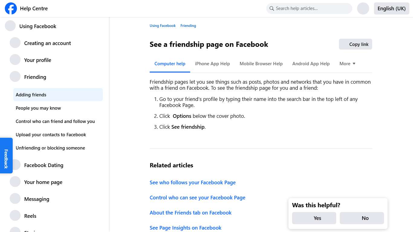 See a friendship page on Facebook Facebook Help Centre